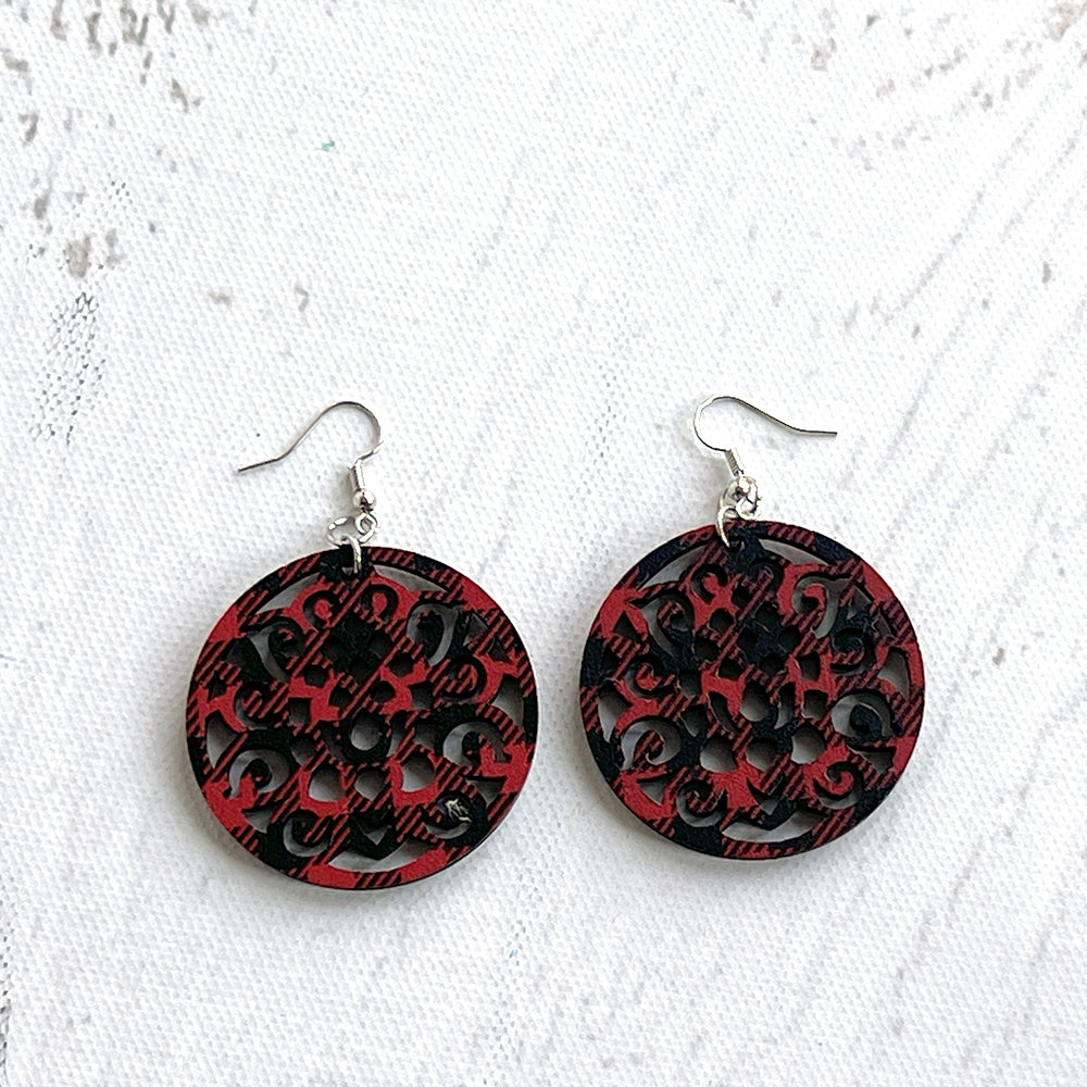 Buffalo Plaid Round Earrings - Lightweight Laser Cut Design Jewelry