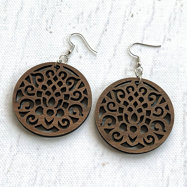 Handcrafted Walnut Wood Earrings - Lightweight Round Design with Intricate Cutouts