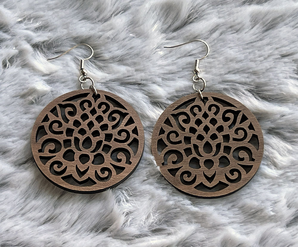 Handcrafted Walnut Wood Earrings - Lightweight Round Design with Intricate Cutouts