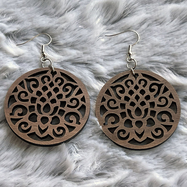 Handcrafted Walnut Wood Earrings - Lightweight Round Design with Intricate Cutouts