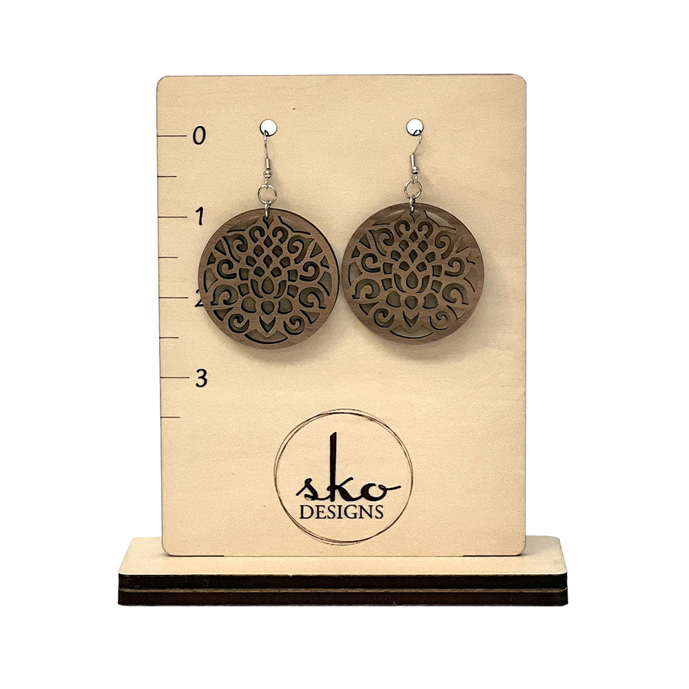Handcrafted Walnut Wood Earrings - Lightweight Round Design with Intricate Cutouts