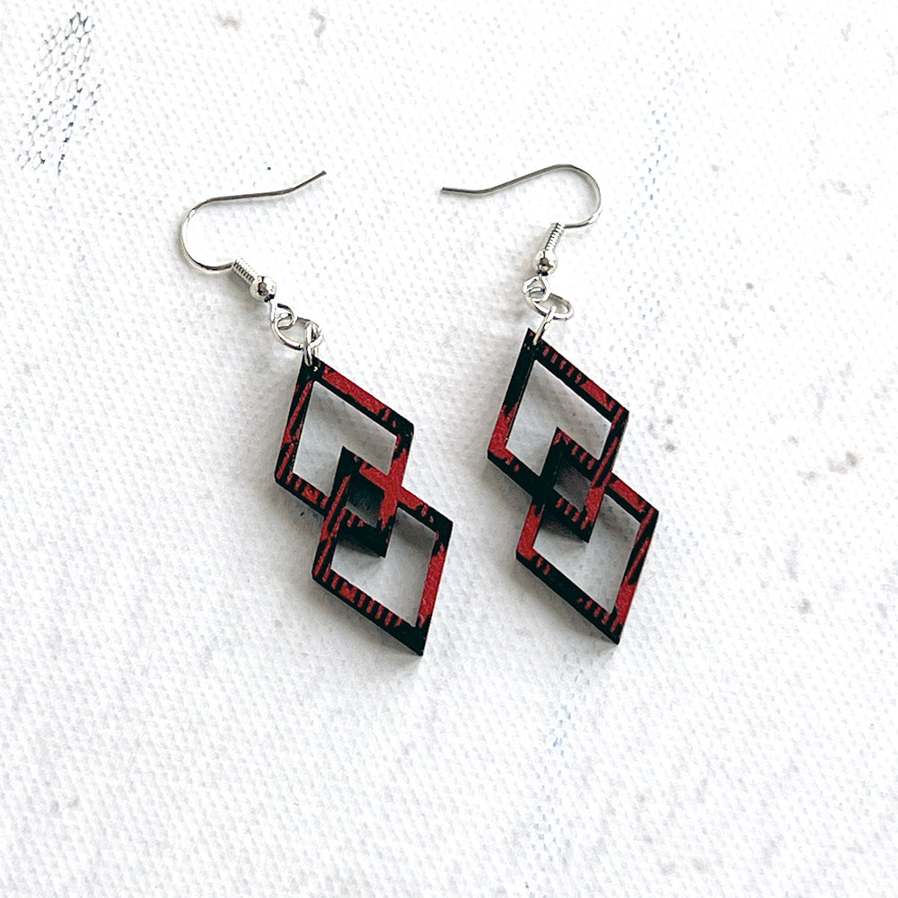 Buffalo Plaid Double Diamond Earrings - Lightweight Laser Cut Wood Jewelry