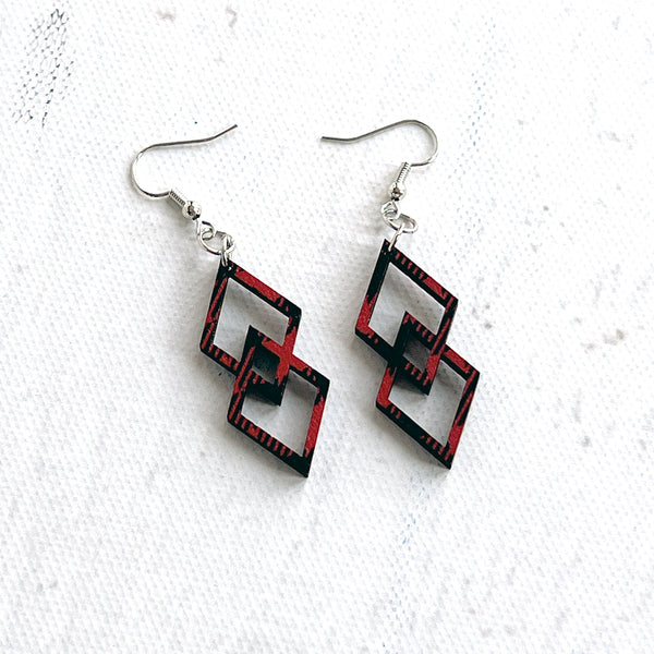 Buffalo Plaid Double Diamond Earrings - Lightweight Laser Cut Wood Jewelry