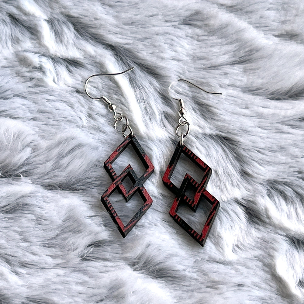 Buffalo Plaid Double Diamond Earrings - Lightweight Laser Cut Wood Jewelry
