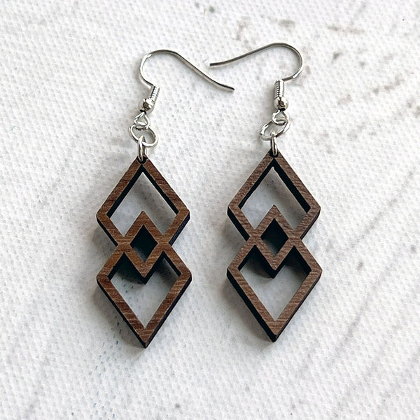 Double Diamond Walnut Wood Earrings - Lightweight Statement Jewelry