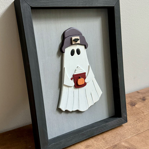 Ghost with beanie and pumpkin spice coffee