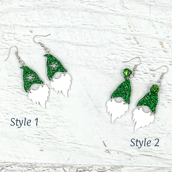 Festive Gnome Earrings - Handcrafted Holiday Jewelry with Shamrock Green Glitter Acrylic