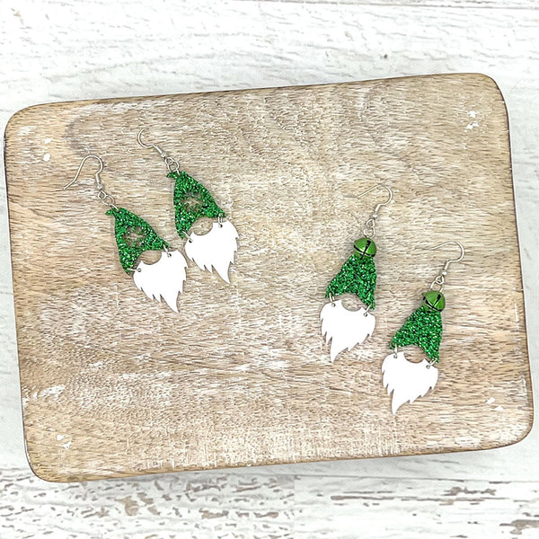 Gnome Earrings Shamrock Green Glitter Style 1 & 2