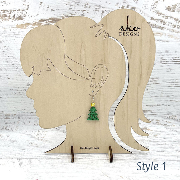 Tree Earrings Shamrock Green Glitter Style 1