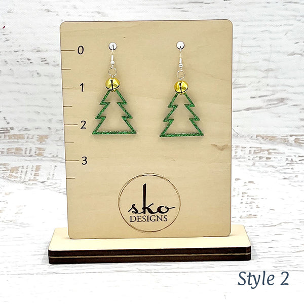 Tree Earrings Shamrock Green Glitter Style 2