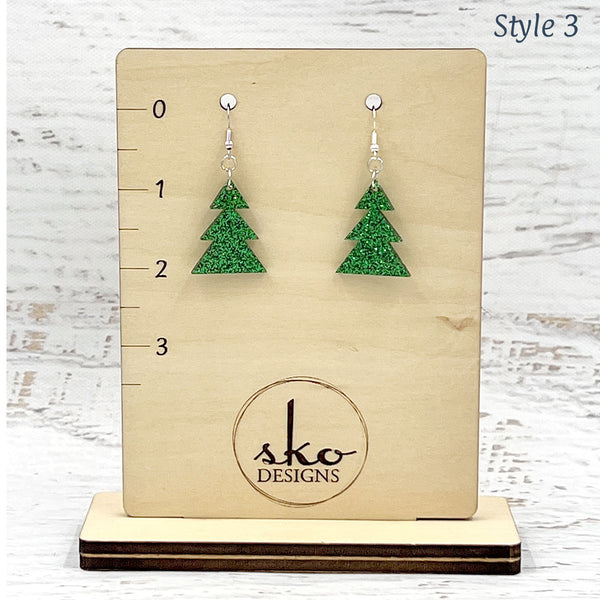 Tree Earrings Shamrock Green Glitter Style 3