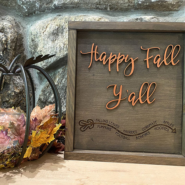 Happy Fall Y'all - Handcrafted Wood Sign with Copper Lettering