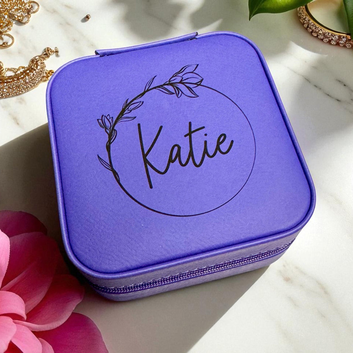 Personalized Travel Jewelry Box - Custom Engraved Leatherette Organizer