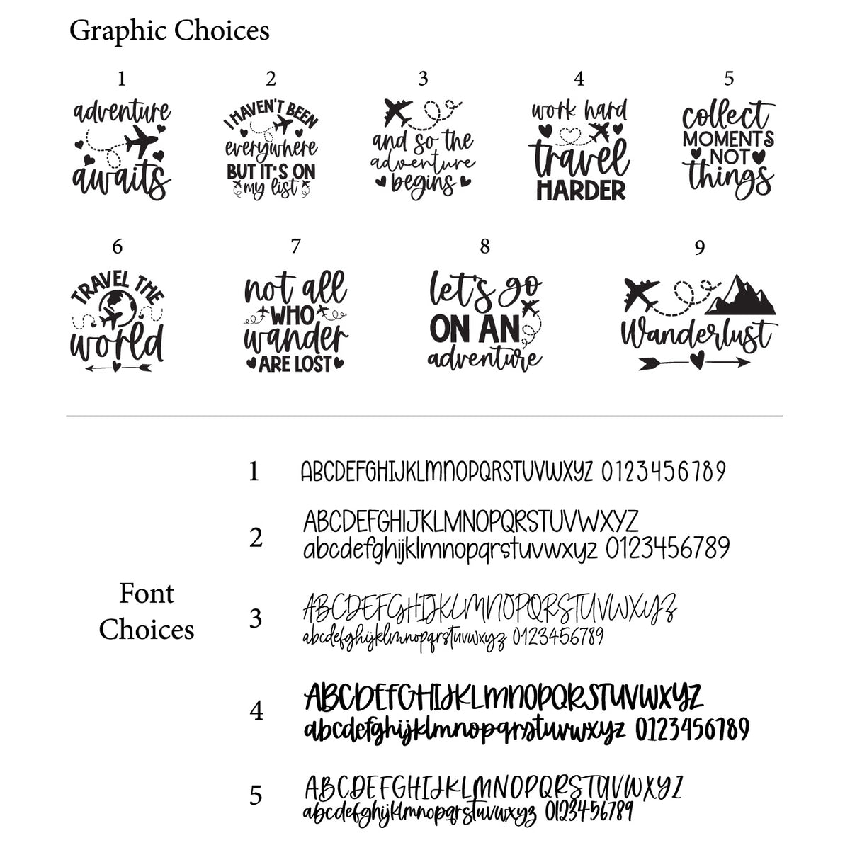 Collection of travel-themed graphics and fonts on a white background