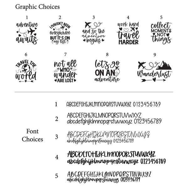 Collection of travel-themed graphics and fonts on a white background