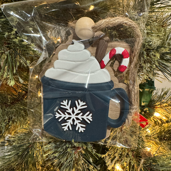 Handcrafted Navy Mug Ornament with Snowflake or Tree Design