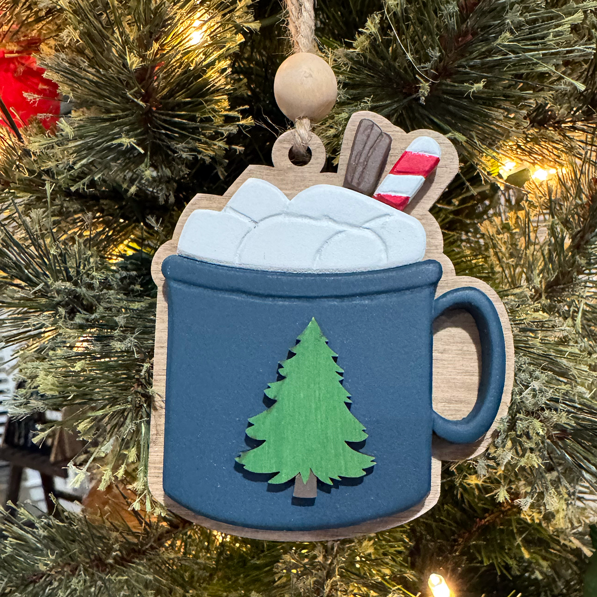 Handcrafted Navy Mug Ornament with Snowflake or Tree Design