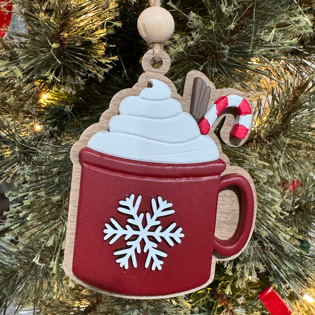 Handcrafted Red Mug Ornament with Snowflake or Tree Design