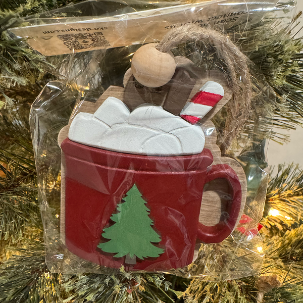 Handcrafted Red Mug Ornament with Snowflake or Tree Design