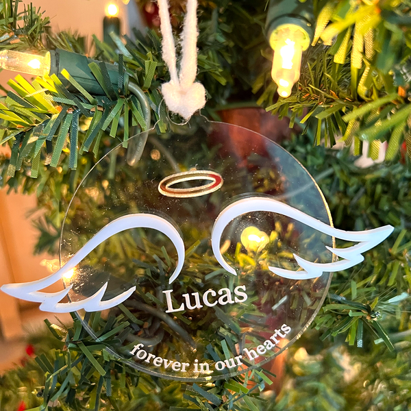 Personalized Angel Memorial Ornament - Engraved Clear Acrylic Christmas Remembrance Keepsake