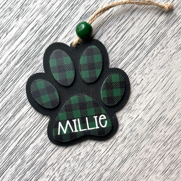 Personalized Pet Paw Christmas Ornament - Custom Buffalo Plaid Holiday Decoration