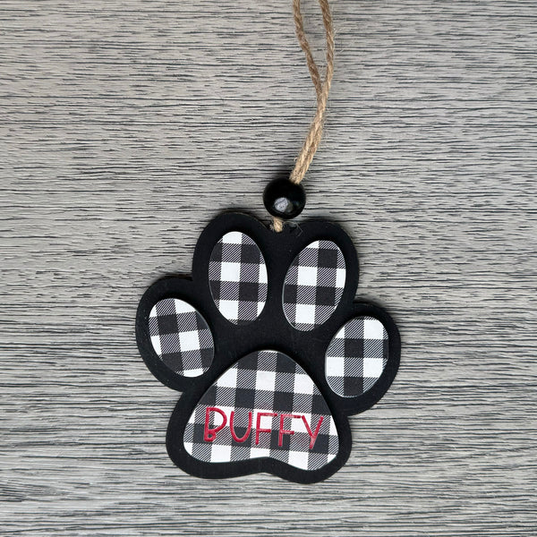 Personalized Pet Paw Christmas Ornament - Custom Buffalo Plaid Holiday Decoration
