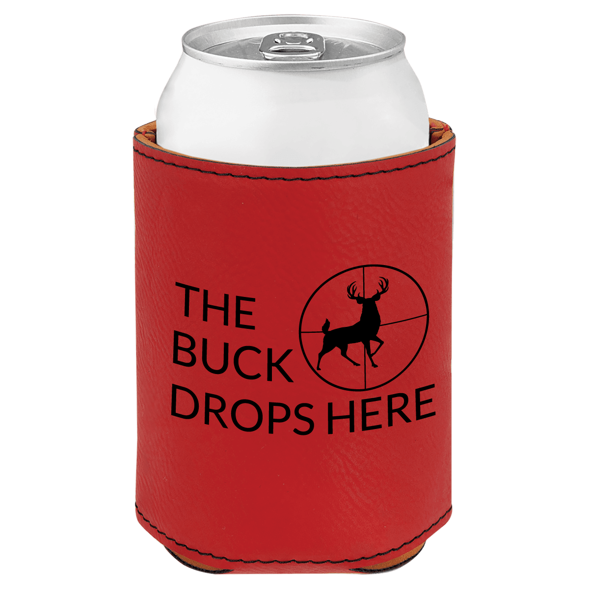 Red can cooler with 'The Buck Drops Here' text and deer design on a white background