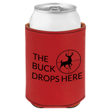 Red can cooler with 'The Buck Drops Here' text and deer design on a white background