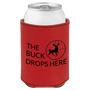 Red can cooler with 'The Buck Drops Here' text and deer design on a white background