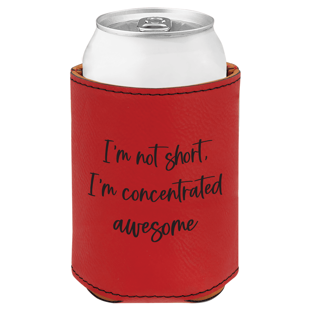 Red can cooler with humorous text design on a white background