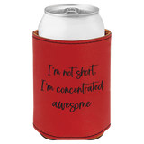 Red can cooler with humorous text design on a white background