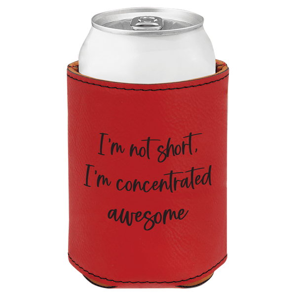 Red can cooler with humorous text design on a white background