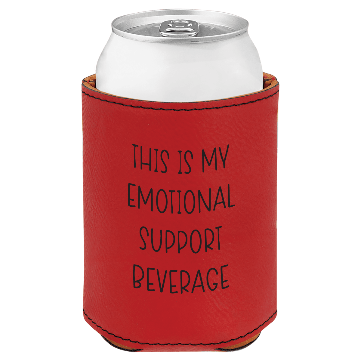 Red can cooler with 'This is my emotional support beverage' text on a white background