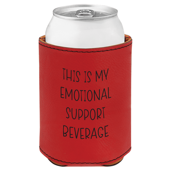 Red can cooler with 'This is my emotional support beverage' text on a white background