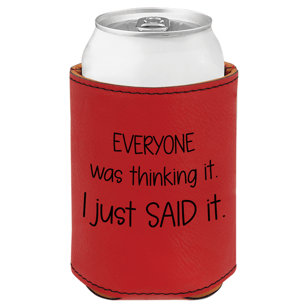 Red can cooler with humorous text on a white background