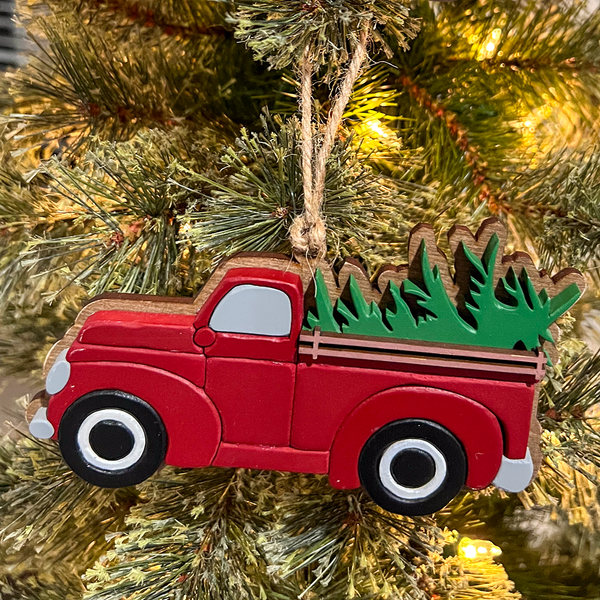 Blue Vintage Pickup Truck Christmas Ornament - Handcrafted Wood Holiday Decor