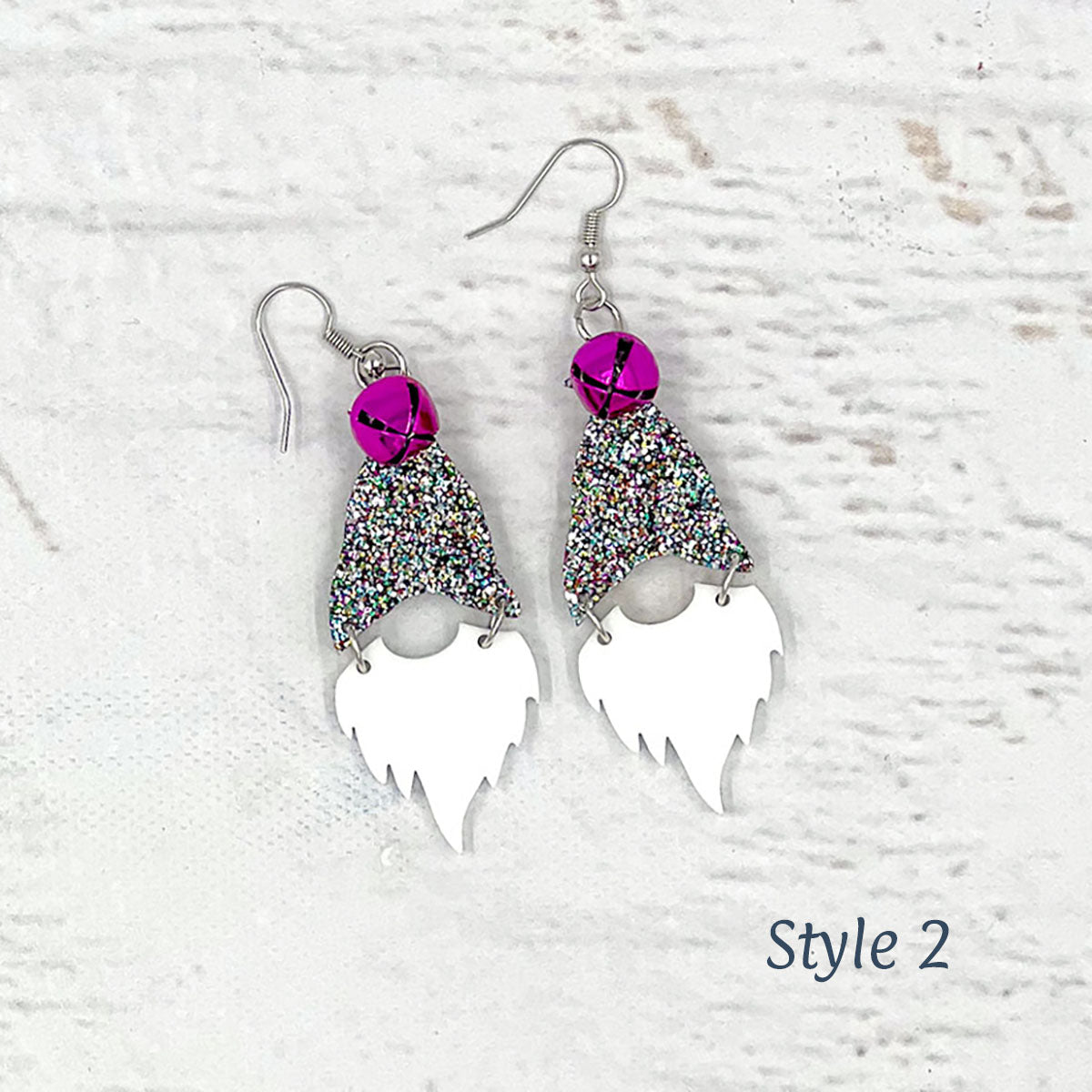 Gnome Earrings Silver Confetti Glitter Style 2