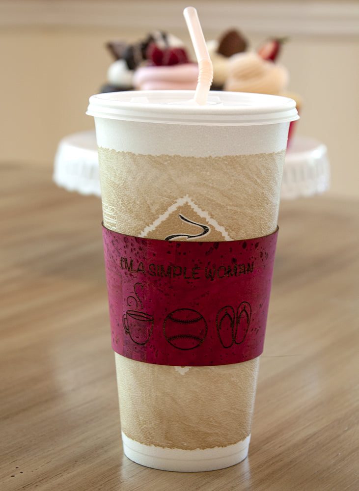 Red cork fabric cup sleeve I'm a simple woman mug baseball flip flops with cupcakes in the background
