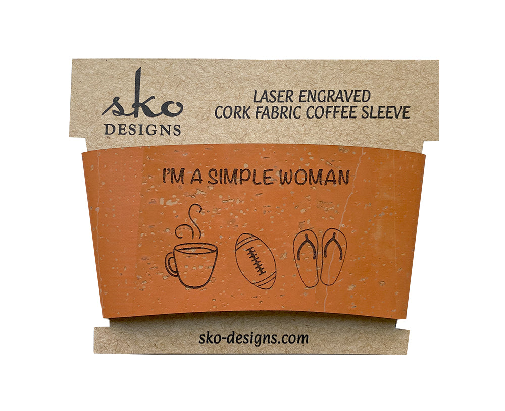 Orange cork fabric cup sleeve I'm a simple woman mug football flip flops