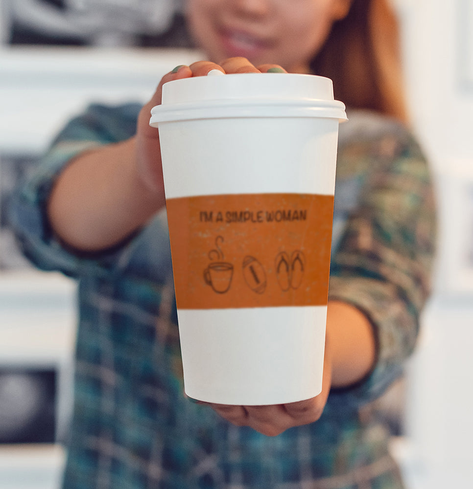 Orange cork fabric cup sleeve I'm a simple woman mug football flip flops in a coffee shop