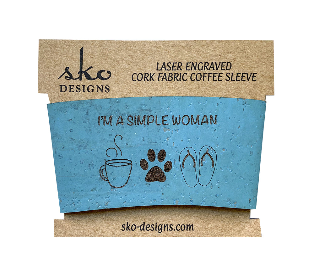 Blue cork fabric cup sleeve I'm a simple woman mug paw flip flops