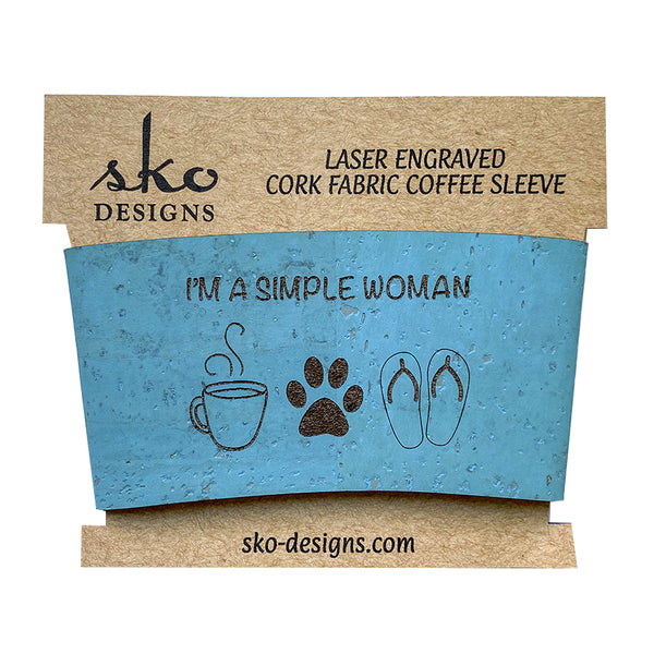 Blue cork fabric cup sleeve I'm a simple woman mug paw flip flops