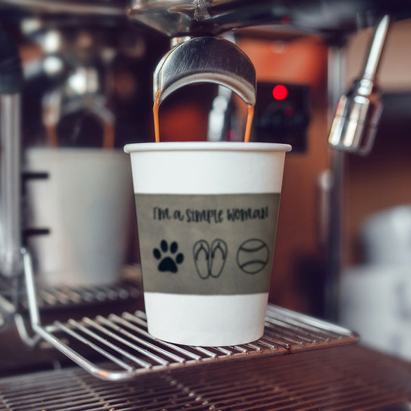 Coffee being brewed with leatherette coffee sleeve I'm a simple woman paw flip-flops baseball