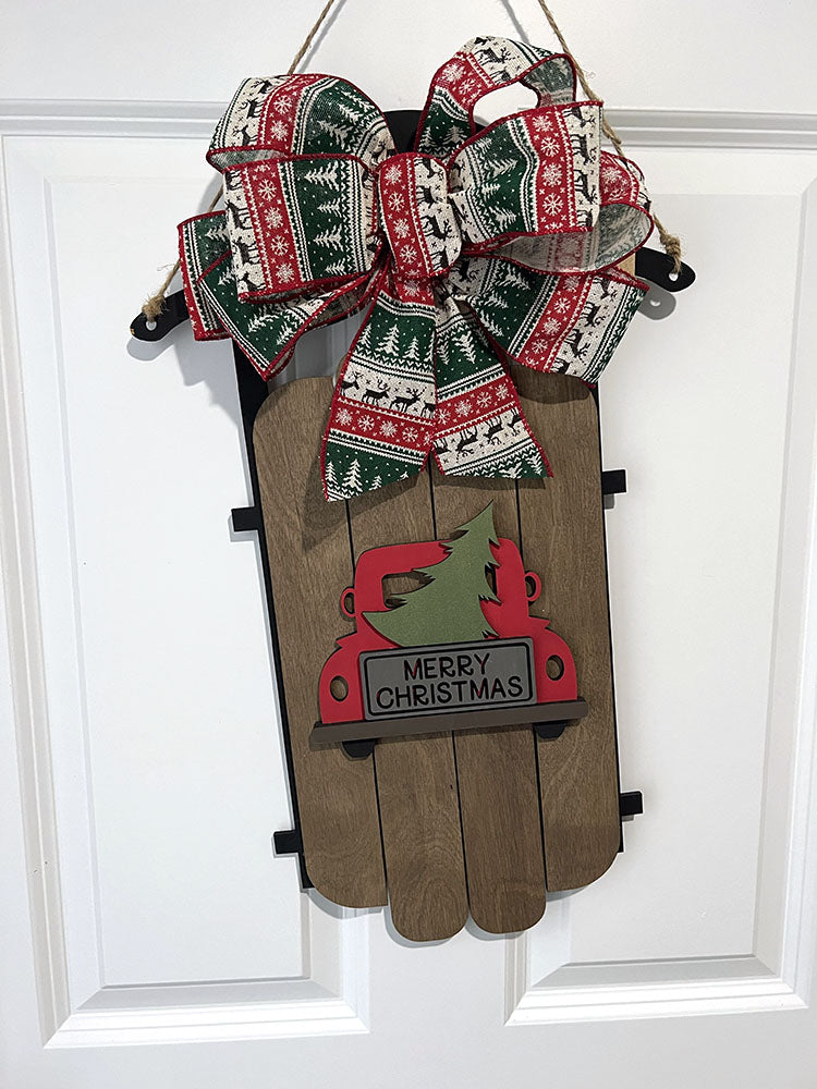 Handcrafted Christmas Sled with Red Truck - Merry Christmas Wood Decoration