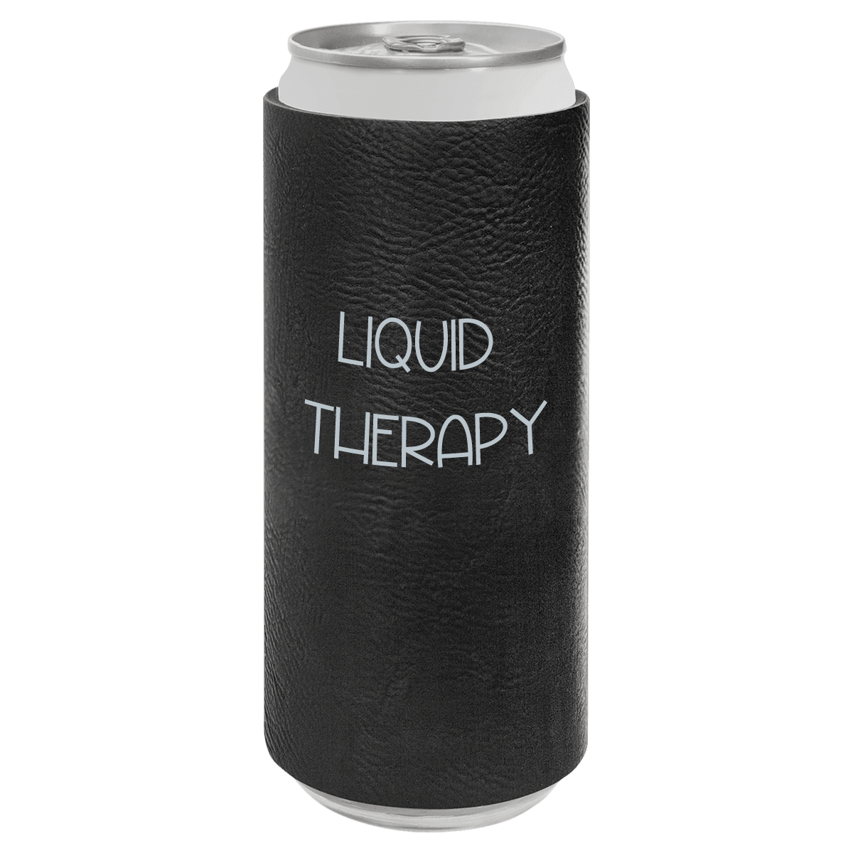 Black can cooler with 'LIQUID THERAPY' text on a white background