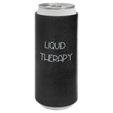 Black can cooler with 'LIQUID THERAPY' text on a white background
