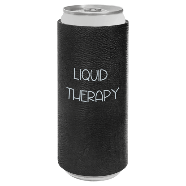 Black can cooler with 'LIQUID THERAPY' text on a white background