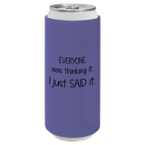 Purple can cooler with humorous text on a white background