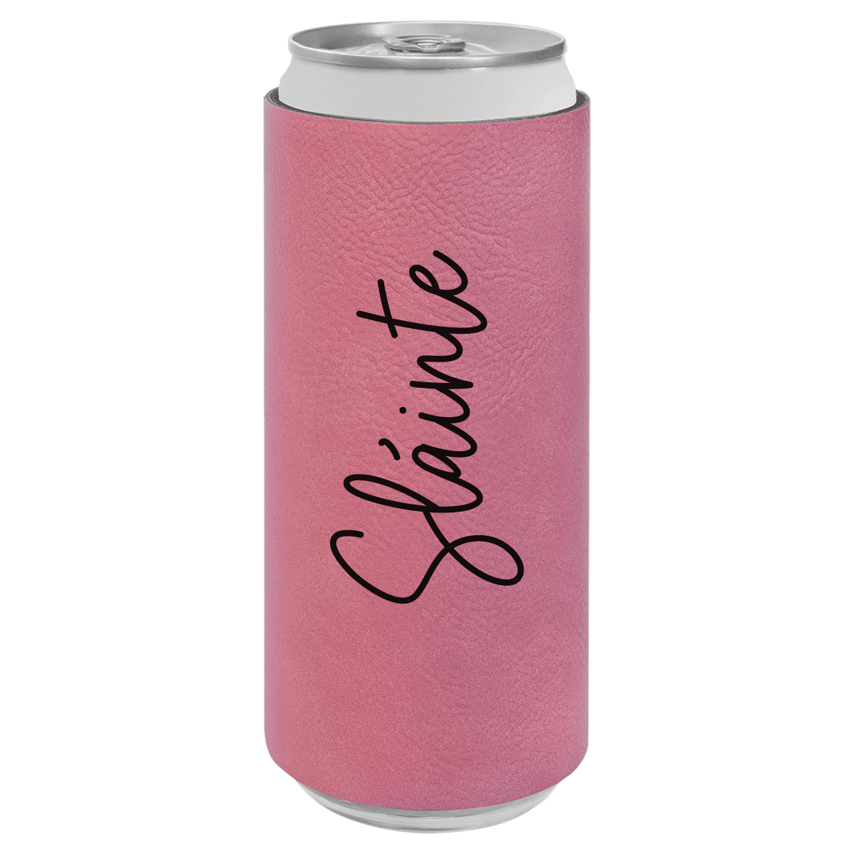 Pink can cooler with 'Sláinte' text on a white background