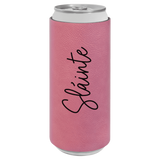 Pink can cooler with 'Sláinte' text on a white background